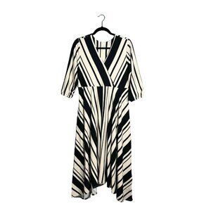 NWOT Soft Surroundings V-Neck Stripe Midi Dress‎ Asymmetrical Hem Puff Sleeve PM
